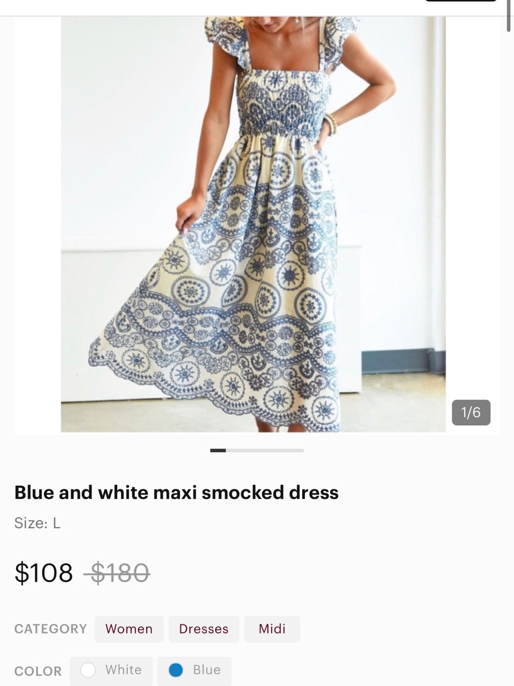 Blue and White Smocked Maxi Dress